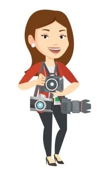 Cheerful paparazzi with many cameras. Caucasian photographer with many photo cameras equipment. Professional journalist with many cameras. Vector flat design illustration isolated on white background.. Photographer taking photo vector illustration.