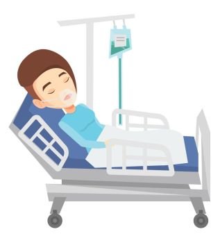 Woman lying in hospital bed with oxygen mask. Woman during medical procedure with drop counter. Patient recovering in bed in hospital. Vector flat design illustration isolated on white background.. Patient lying in hospital bed with oxygen mask.