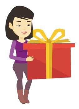 Joyful asian woman holding box with gift in hands. Happy woman holding gift box. Young woman standing with gift box. Girl buying a present. Vector flat design illustration isolated on white background. Joyful asian woman holding box with gift.