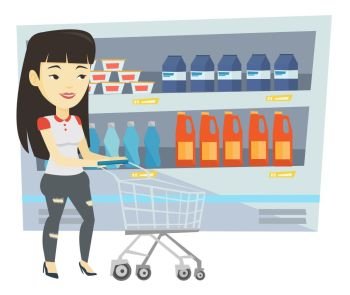 Asian woman walking with cart on aisle at supermarket. Young woman pushing supermarket cart. Customer shopping at supermarket with cart. Vector flat design illustration isolated on white background.. Customer with shopping cart vector illustration.