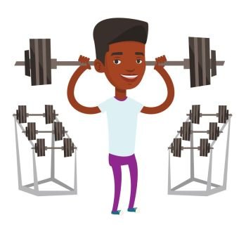 African-american sporty man lifting a heavy weight barbell. Sportsman doing exercise with barbell. Weightlifter holding a barbell in gym. Vector flat design illustration isolated on white background.. Man lifting barbell vector illustration.