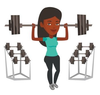 African-american sporty woman lifting a heavy weight barbell. Woman doing exercise with barbell. Weightlifter holding a barbell in the gym. Vector flat design illustration isolated on white background. Woman lifting barbell vector illustration.