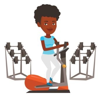 African woman exercising on elliptical trainer. Woman working out using elliptical trainer. Woman doing exercises on elliptical trainer. Vector flat design illustration isolated on white background.. Woman exercising on elliptical trainer.