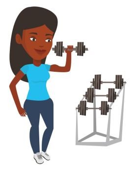 African-american sportswoman doing exercise with dumbbell. Woman lifting a heavy weight dumbbell. Weightlifter holding dumbbell in the gym. Vector flat design illustration isolated on white background. Woman lifting dumbbell vector illustration.