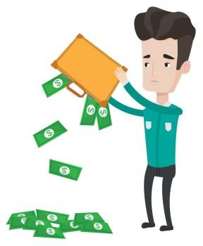 Depressed caucasian bankrupt shaking out money from his briefcase. Despaired bankrupt businessman emptying a briefcase. Bankruptcy concept. Vector flat design illustration isolated on white background. Bankrupt shaking out money from his briefcase.