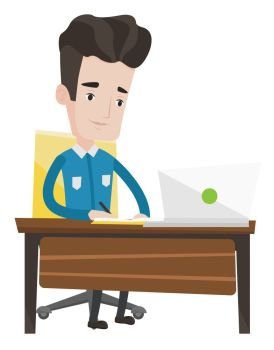Student sitting at the table with laptop. Student using laptop for education. Happy caucasian man working on laptop and writing notes. Vector flat design illustration isolated on white background.. Student using laptop for education.