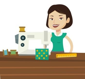 Caucasian seamstress working in cloth factory. Seamstress sewing on industrial sewing machine. Seamstress using sewing machine at workshop. Vector flat design illustration isolated on white background. Seamstress using sewing machine at workshop.