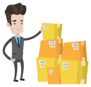 Caucasian businessman working in warehouse. Businessman checking boxes in warehouse. Businessman in warehouse preparing goods for dispatch. Vector flat design illustration isolated on white background. Businessman checking boxes in warehouse.