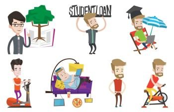 Caucasian man holding sign of student loan. Young man carrying heavy sign - student loan. Student working on a laptop outdoors. Set of vector flat design illustrations isolated on white background.. Vector set of student and sport characters.