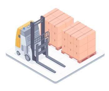Forklift with boxes on pallets isolated on white background. Electric forklift standing in warehouse near the boxes on pallets vector isometric illustration.. Forklift with boxes on pallets isometric illustration