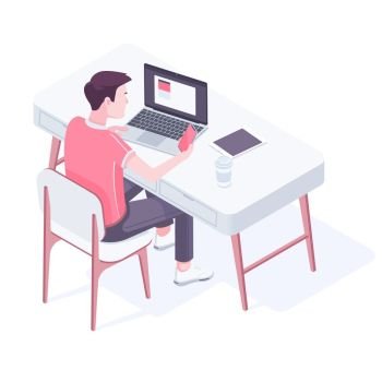 Caucasian white man sitting at the desk in modern office. Office worker surrounded by modern devices, such as laptop, tablet and smartphone. Vector cartoon isometric illustration on white background.. Young caucasian man working in modern office.
