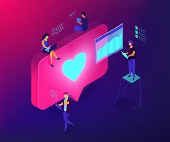 Social media specialists and analyst work with tablets and laptops and like. Social media engagement, in-platform messaging, SMM campaign concept. Ultraviolet neon vector isometric 3D illustration.. Social media engagement isometric 3D concept illustration.