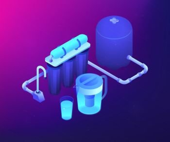 Purification filters cleansing liquid by lowering contamination. Water filtering system, home water treatment, water delivery service concept. Ultraviolet neon vector isometric 3D illustration.. Water filtering system concept vector isometric illustration.