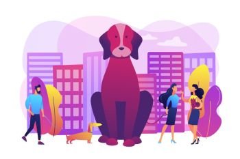 Dog lovers. People walking with puppies outdoors, in public place. Pet in the big city, city pets walking place, dogs convenient city concept. Bright vibrant violet vector isolated illustration. Pet in the big city concept vector illustration