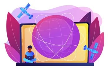 Boy use wireless Internet, teenager pastime, freelance job. Global web connection, global network communication, satellite navigation system concept. Bright vibrant violet vector isolated illustration. Global web connection concept vector illustration.