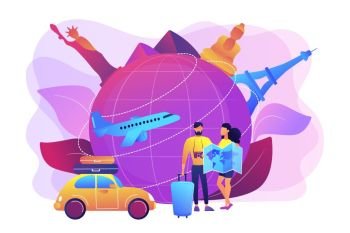 Man and woman choosing travel destination, going on holiday vacation. Global travelling, trip around the world, international tourism concept. Bright vibrant violet vector isolated illustration. Global travelling concept vector illustration.