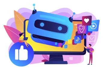 Internet communication, online chat bot, future SMM, high technology. AI in social media, AI content tracking, automated image recognition concept. Bright vibrant violet vector isolated illustration. AI in social media concept vector illustration.