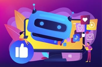 Internet communication, online chat bot, future SMM, high technology. AI in social media, AI content tracking, automated image recognition concept. Bright vibrant violet vector isolated illustration
