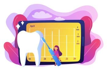Learning brush teeth through play. Childrens electric toothbrush, sensor smart toothbrushes, app connected tooth cleaning, fun oral care concept. Bright vibrant violet vector isolated illustration. Children s electric toothbrush concept vector illustration