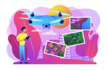 Drone, quadcopter operator, pilot making photos. UAV with camera. Aerial photography, air survey services, drone photo of your event concept. Bright vibrant violet vector isolated illustration. Aerial photography concept vector illustration