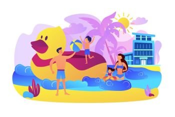 Parents, children swimming. Kids sunbathing near sea resort, hotel. Family vacations, all ages vacation, fantastic family adventure concept. Bright vibrant violet vector isolated illustration. Family vacation concept vector illustration