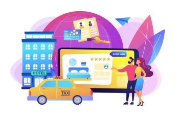 Searching hostel, accommodation. Ordering taxi, cab. Online booking services, internet reservation system, accommodation search concept. Bright vibrant violet vector isolated illustration. Online booking services concept vector illustration
