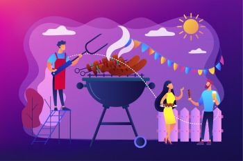 Neighbours flat characters grilling sausages. People eating, having picnic on nature. Backyard party, backyard BBQ, friends party ideas concept. Bright vibrant violet vector isolated illustration