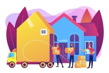 Home relocation, client boxes and cardboard containers in truck. Moving house services, door-to-door removals, best movers service concept. Bright vibrant violet vector isolated illustration. Moving house services concept vector illustration.