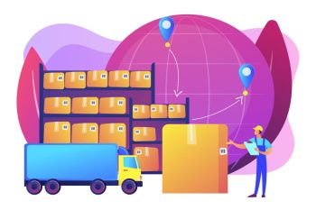 Order worldwide delivery service. Storehouse products storage. Transit warehouse, bonded warehouse, transferring process of goods concept. Bright vibrant violet vector isolated illustration. Transit warehouse concept vector illustration
