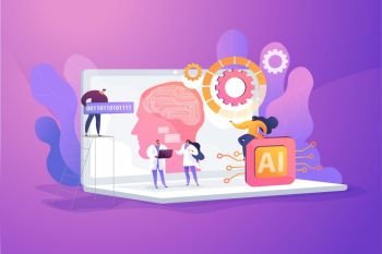 Brain with neural network on laptop and scientists, tiny people. Artificial intelligence,machine learning, data science and cognitive computing concept. Vector isolated concept creative illustration.. Artificial intelligence concept vector illustration.