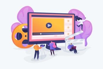 Marketers creating and distributing video content, tiny people. Video content marketing, video marketing strategy, digital marketing tool concept. Vector isolated concept creative illustration.. Video content marketing concept vector illustration.
