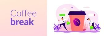 Depressed office worker, stress and emotional burnout. Caffeine stimulating effect. Coffee break, low energy, tiredness and energizing concept. Header or footer banner template with copy space.. Coffee break web banner concept
