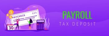 Money prize. Cash lottery winning. Salary payment. Calendar with payday. Tax free income. Paycheck cash, payroll tax deposit, payroll software concept. Header or footer banner template with copy space.. Paycheck web banner concept