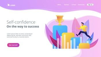 Businessman jumps on graph columns on the way to success. Positive thinking and success achievement, self-confidence concept on white background. Website vibrant violet landing web page template.. On the way to success concept landing page.