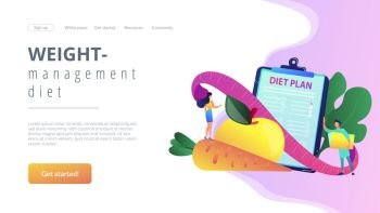 Tiny people nutritionist and diet plan checklist with vegetables, fruit. Nutrition diet, weight-management diet, individual dietary service concept. Website vibrant violet landing web page template.. Nutrition diet concept landing page.