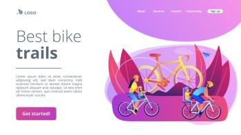 Healthy lifestyle, parents and children doing sport together. Cycling experiences, family bike walks, best bike trails, modern cycling gears concept. Website homepage landing web page template.. Cycling experiences concept landing page.