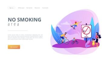 Weekend activities in park. Father riding bicycles with son. Active, healthy hobby. Smoke-free zone, no smoking area, tobacco free facility concept. Website homepage landing web page template.. Smoke free zone concept landing page