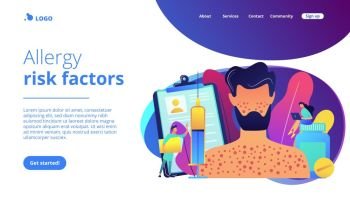 Doctors and male patient with rush on skin allergic to pills and a syringe. Drug allergy, triggers of drug allergies, allergy risk factors concept. Website vibrant violet landing web page template.. Drug allergy concept landing page.