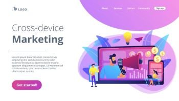 Marketer delivering ads with megaphone and devices. Cross-device marketing, cross-device marketing analysis and strategy concept on white background. Website vibrant violet landing web page template.. Cross-device marketing concept landing page.