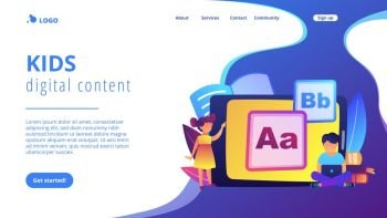 Children at tablet and with laptop using kids friendly alphabet application. Kids digital content, kids friendly media, children apps concept. Website vibrant violet landing web page template.. Kids digital content concept landing page.