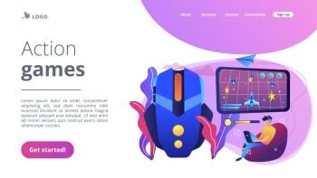 Gamer with laptop overcomes challenges in space video game and gaming mouse. Action games, first-person shooter, action games championship concept. Website vibrant violet landing web page template.. Action game concept landing page.