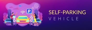 Self-driving car with sensors automatically parked in parking lot. Self-parking car system, self-parking vehicle, smart parking technology concept. Header or footer banner template with copy space.. Self-parking car system concept banner header.
