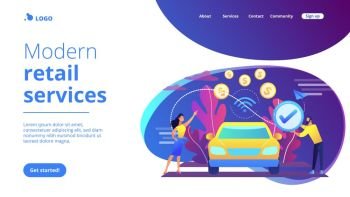 Business people paying in vehicle equiped with in-car payment system. In vehicle payments, in-car payment technology, modern retail services concept. Website vibrant violet landing web page template.. In vehicle payments concept landing page.