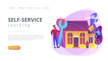 Handyman with big wrench repairing house and painting with paintbrush. DIY repair, do it yourself service, self-service learning concept. Website vibrant violet landing web page template.. DIY repair concept landing page.