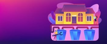 House with sewerage system and plumbing specialist with wrench. Sewerage system, domestic wastewater service, sewer system technologies concept. Header or footer banner template with copy space.. Sewerage system concept banner header.