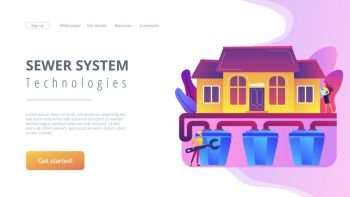 House with sewerage system and plumbing specialist with wrench. Sewerage system, domestic wastewater service, sewer system technologies concept. Website vibrant violet landing web page template.. Sewerage system concept landing page.