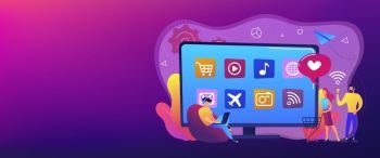 Tiny people with laptop, shopping cart using smart TV with apps. Smart TV applications, smart TV marketplace, television app development concept. Header or footer banner template with copy space.. Smart TV applications concept banner header.