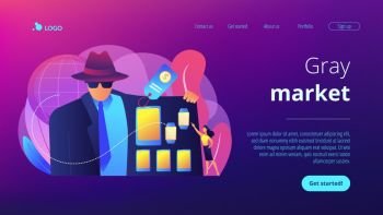 Retailer in raincoat sells digital devices to customer, tiny people. Gray market, electronics parallel market, illegal commercial channel concept. Website vibrant violet landing web page template.. Gray market concept landing page.