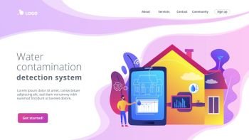 Smart home, house automation Water contamination detection system, real time water anomalies tracking, smart home water sensor concept. Website homepage landing web page template.. Water contamination detection system concept landing page
