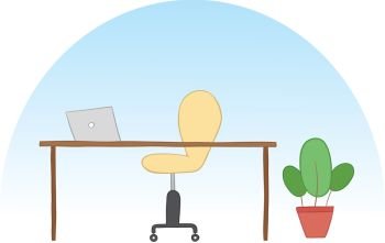 Vector illustration office space. Flowerpot, office chair, desk and laptop. Hand drawn. Colored outlines. 